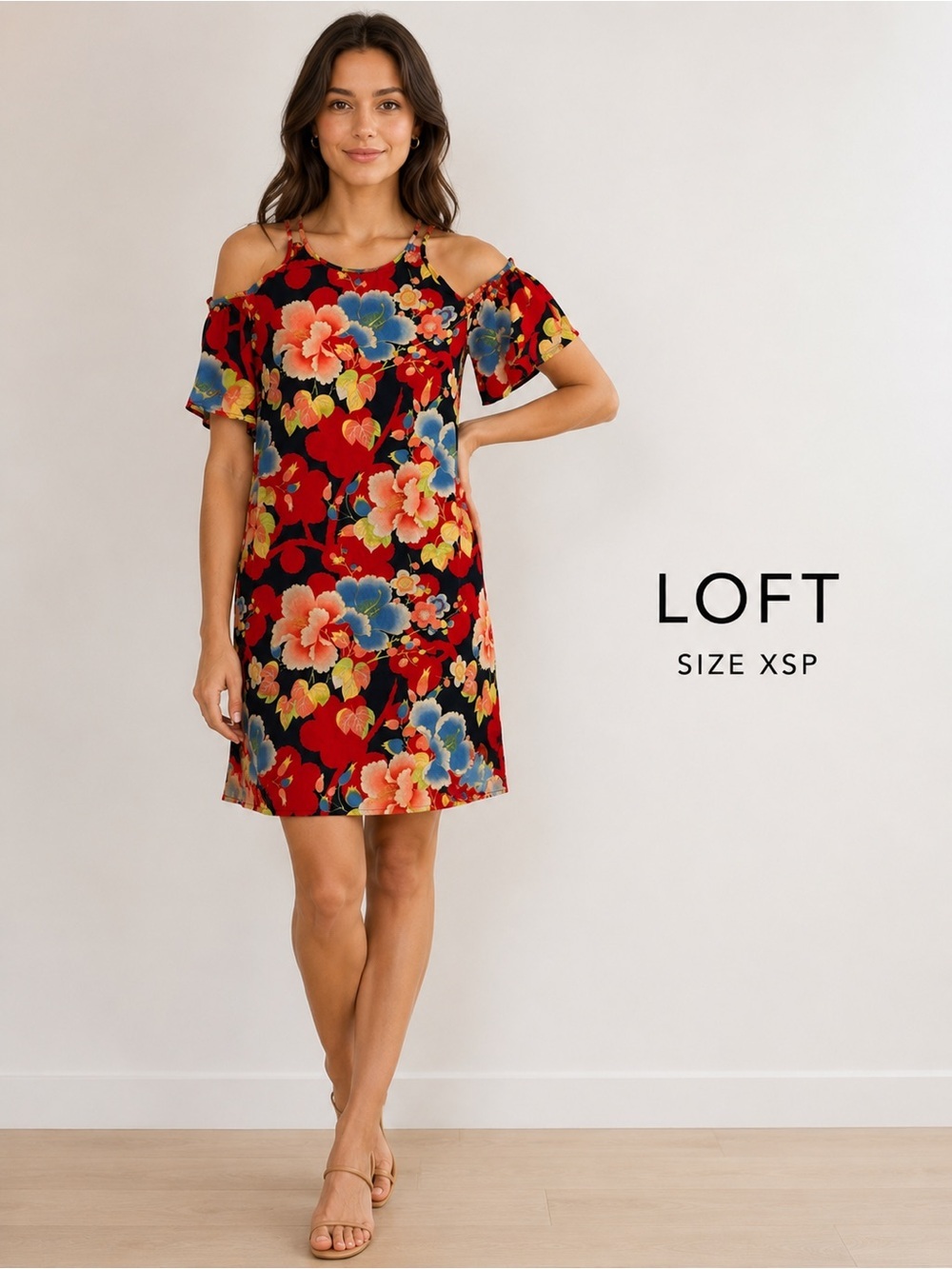 LOFT Floral Cold Shoulder Dress Size XSP Petite Colorful coquette Shift Dress